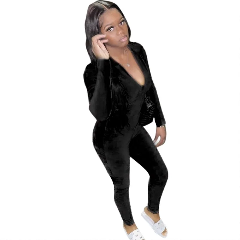 2023 Fashion Women Solid Color Skinny Velvet Jumpsuit Retro  Long Sleeve Lapel Romper Casual Sport Overalls Pants Streetwear