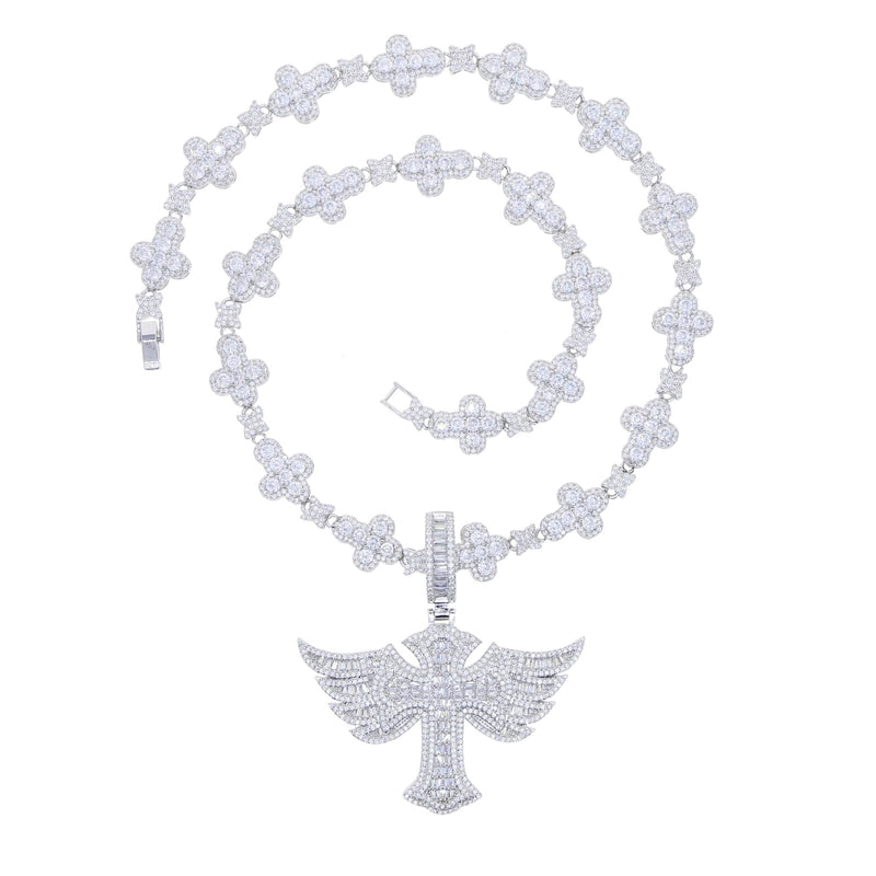 HipHop Fashion Trend New Wings Cross Zircon Pendant Necklace Tennis Chain Men’s Necklace