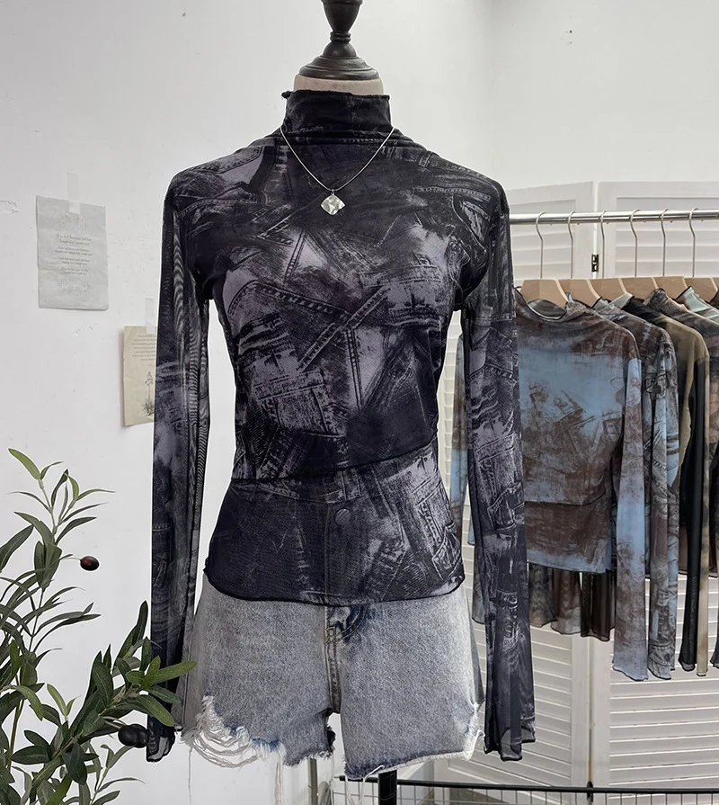 Nigikala Nigikala Shooting Denim Pattern Dye Printing Retro Babes Thin Mesh T-Shirt High-Necked Long Sleeve Bottom Shirt Top 9950