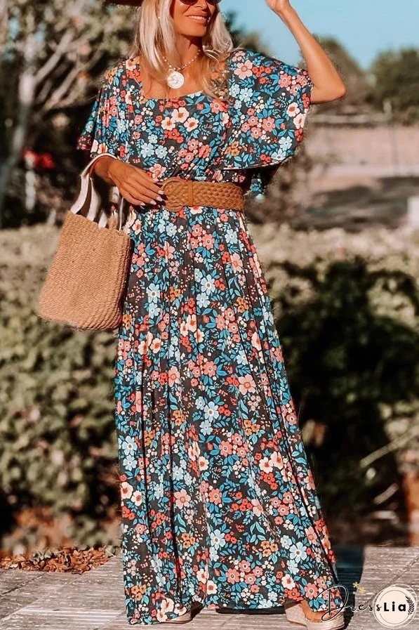 Sky Blue Boho Floral Print Knotted Backless Maxi Dress