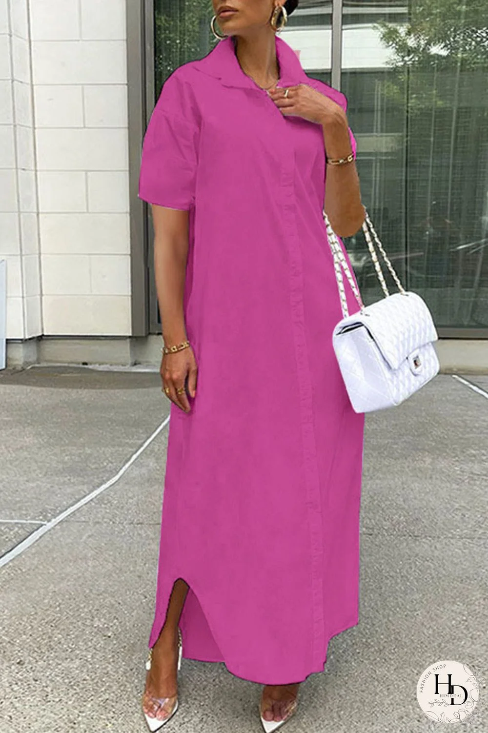 Rose Red Casual Solid Patchwork Buckle Turndown Collar Shirt Dress Dresses