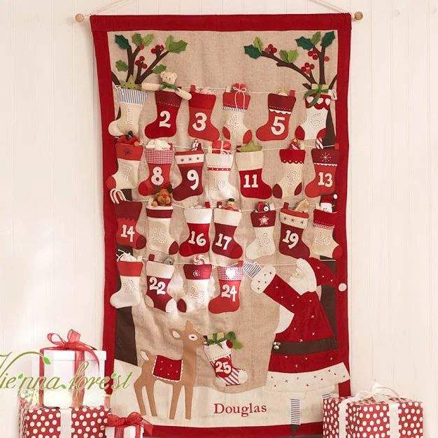 Custom Name Embroidery Christmas Countdown Calendar Patchwork Multifunctional Hanging Bag Decorative Storage Bag
