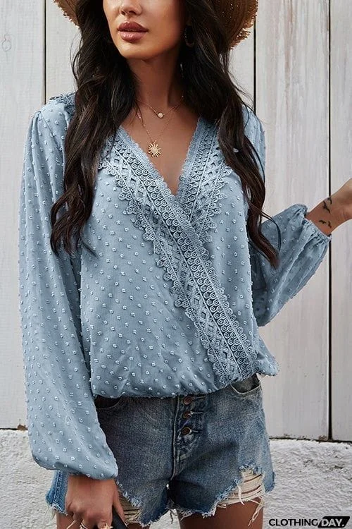 Dot Lace Trim Wrap Long Puff Sleeve Blouse
