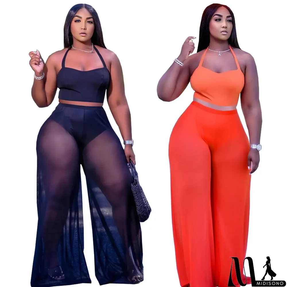 MidiSono - Sexy Ladies Casual Mesh Yarn Sling Two-piece Set