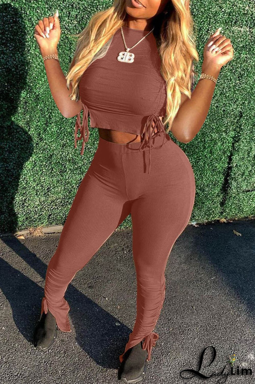 Khaki Fashion Casual Solid Draw String Frenulum O Neck Short Sleeve Two Pieces