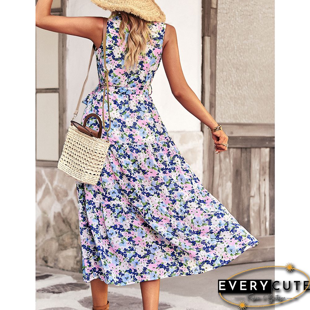 Pink V Neck Sleeveless Ruffle Floral Dresses