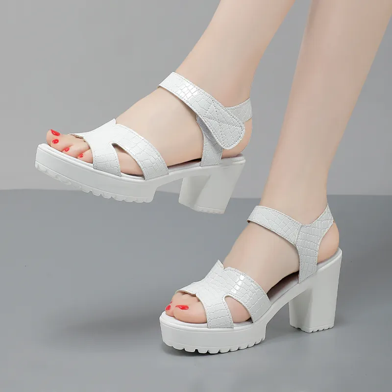 Breakj Breakj Leather High Heel Waterproof Sandals Women Fashion Crocodile Pattern Walking Shoes Summer Coarse Heel Magic Sticky H Women's Shoes