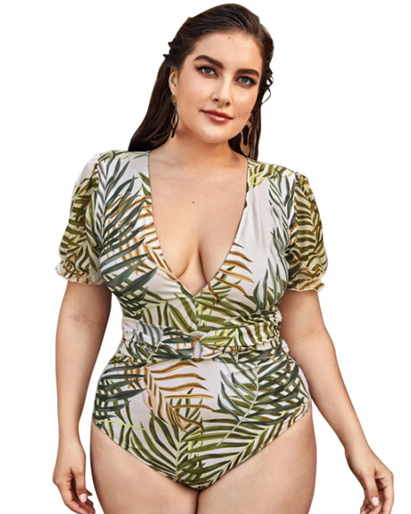 Deep V short sleeve bikini leaf print swimsuit