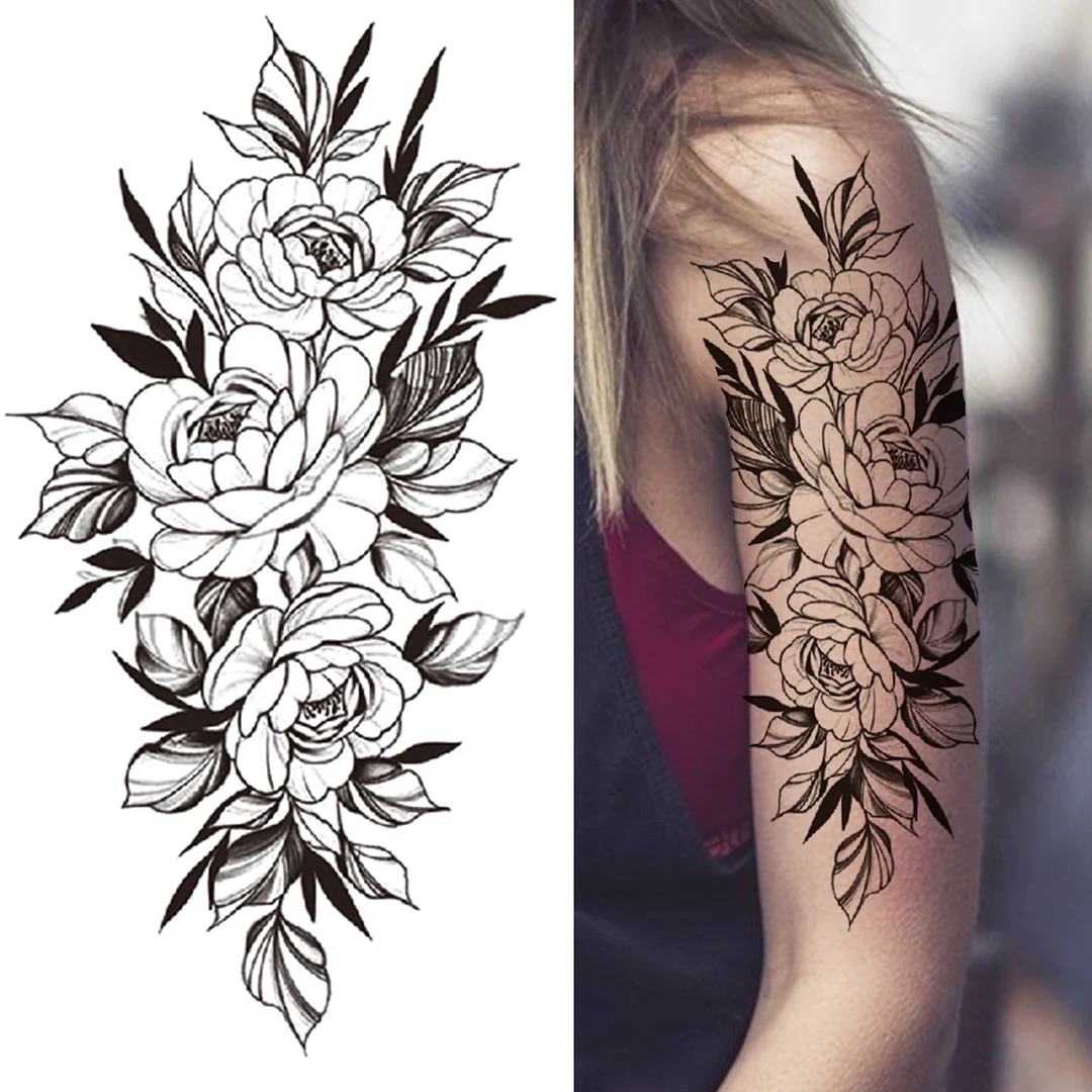 Peony Rose Temporary Tattoos For Women Girls Fake Tiger Skull Half Sleeve Flower Tattoo Sticker Black 3D Compass Tatoos Sexy