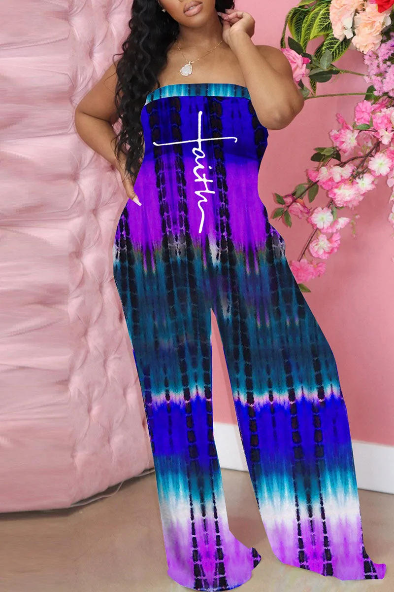 Sexy Print Split Joint Strapless Straight Jumpsuits