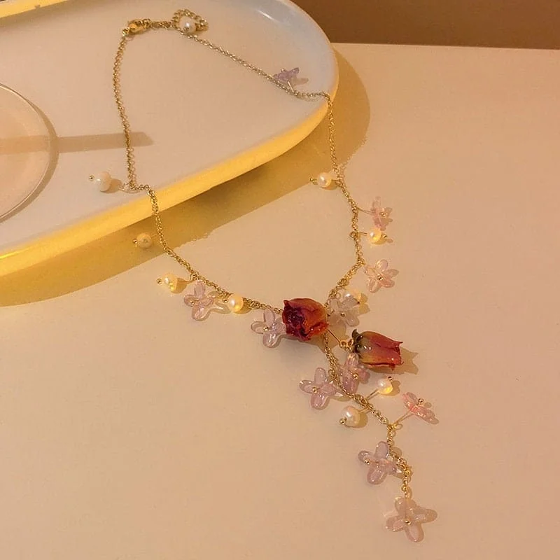 Real Dried Rosebud Floral Pearl Tassel Necklace Dangle Earrings Bracelet Set