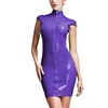 High Neck Wetlook Bodycon Mini Dress Women Short Sleeve Turtleneck Slim PVC Dress Ladies Full Zipper Dress Plus Size Clubwear