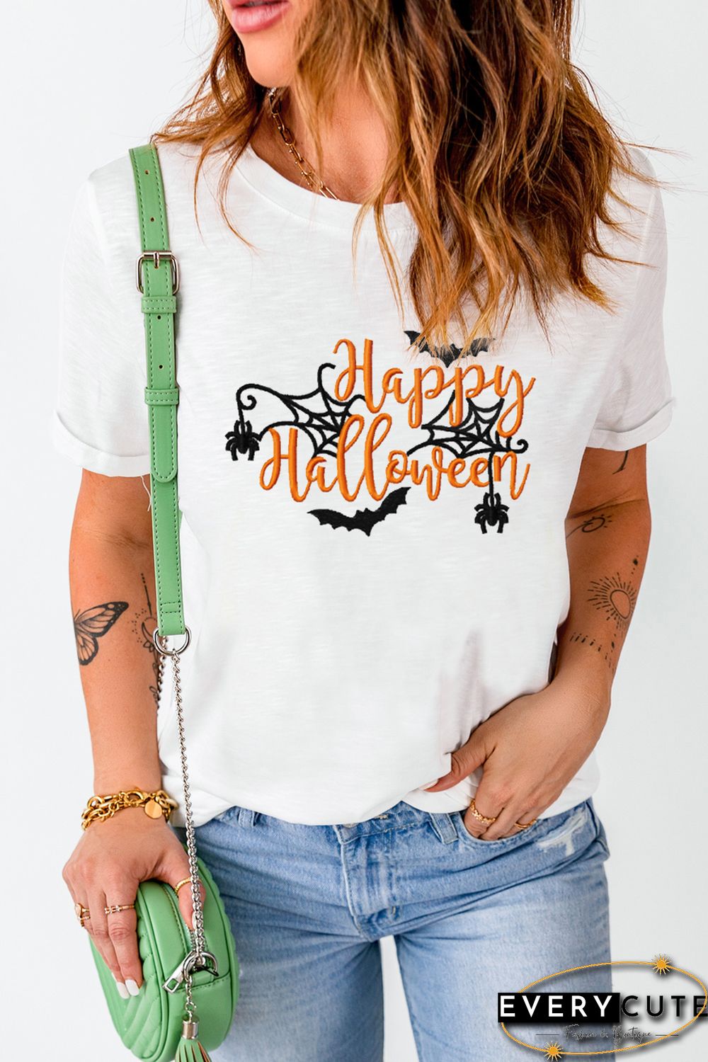 White Happy Halloween Embroidered Graphic Short Sleeve Tee
