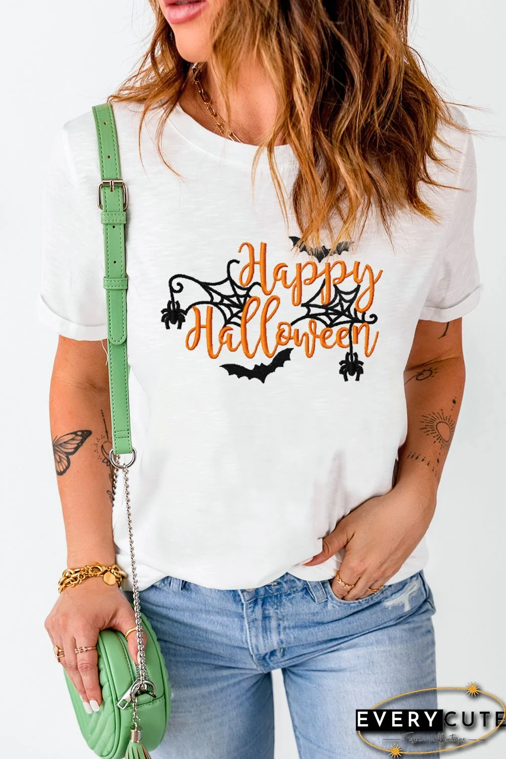 White Happy Halloween Embroidered Graphic Short Sleeve Tee