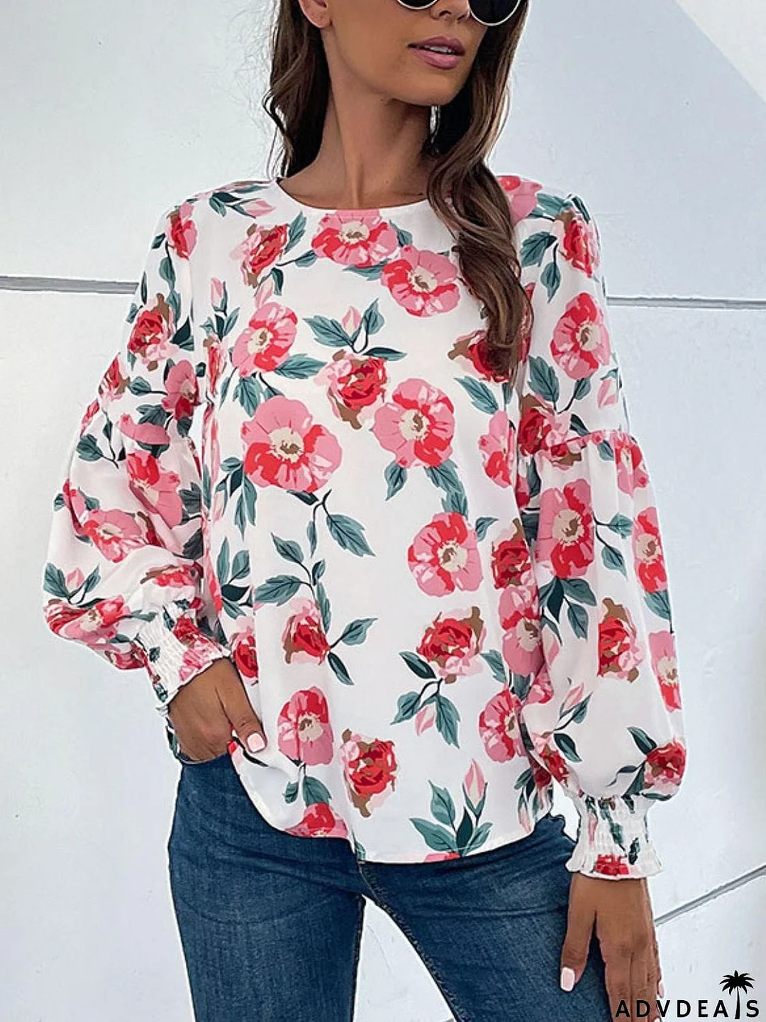 Floral Long Puff Sleeve Round Neck Blouse