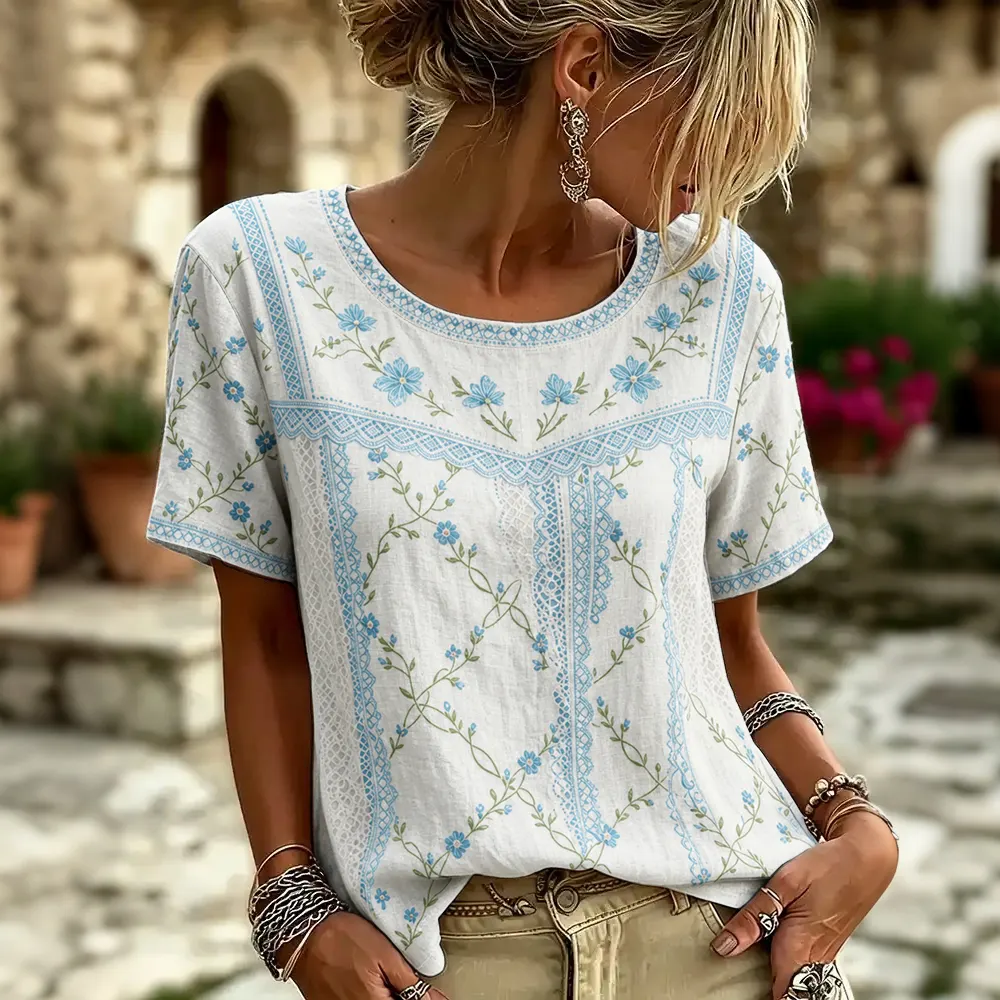 Comstylish Women's Retro Floral Patchwork Print Art Round Neck Linen Blend T-shirt