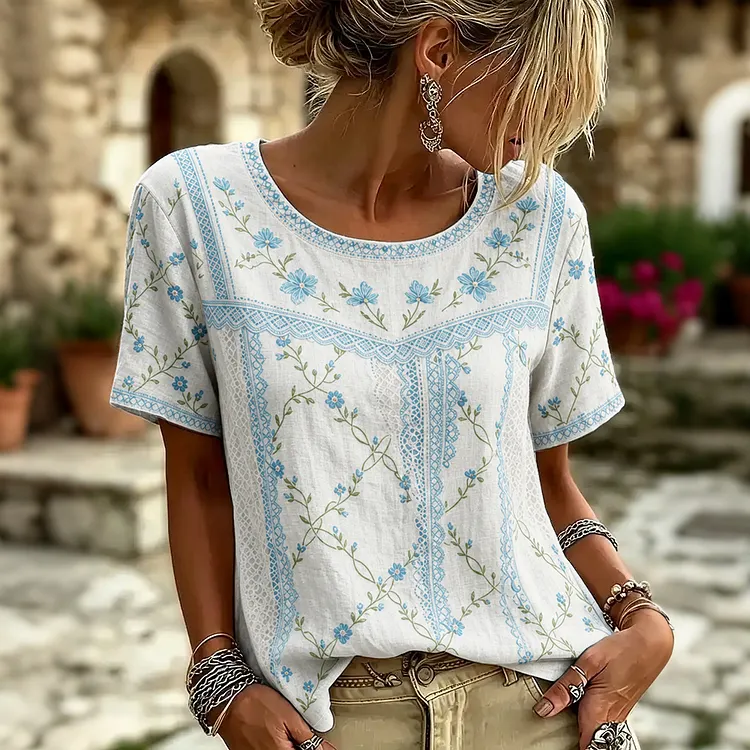 Women's Retro Floral Embroidered Patchwork Art Round Neck Linen Blend T-shirt