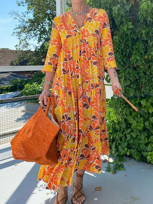 Floral Printed Pleated Long Sleeves Loose V-Neck Maxi Dresses