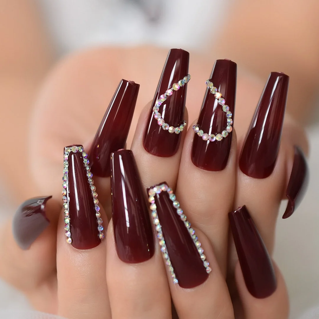 Extra Long Red Wine Coffin Fake Nails Acrylic False Luxury Press On Nails With Rhinestone Heart Bling Artificial Nail Art Tips
