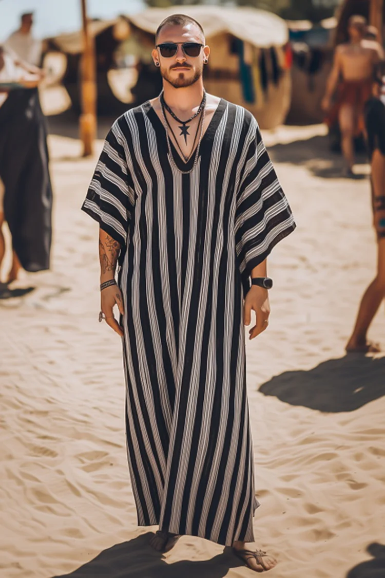 Men's Stripe V Neck Loose Fit Kaftan Black And White Maxi Dress [Pre-Order]