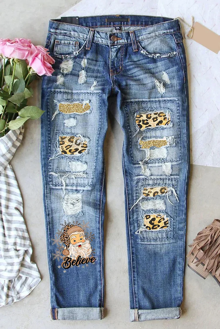 Glitter Christmas Believe Santa Leopard Print Denim Jeans