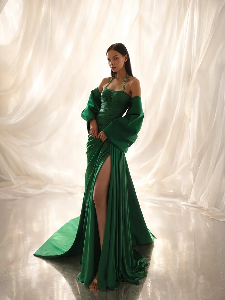 Lussooy Charming Dark Green Straps Halter Split Evening Dress With Shawl