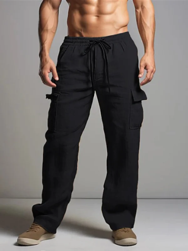 Men's Daily Cargo Pocket Drawstring Elastic Waist Cotton Linen Straight Leg Pants