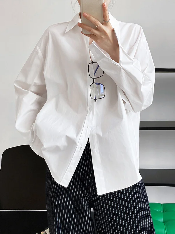 Simple Loose Long Sleeves Buttoned Solid Color Lapel Collar Blouses&Shirts Tops