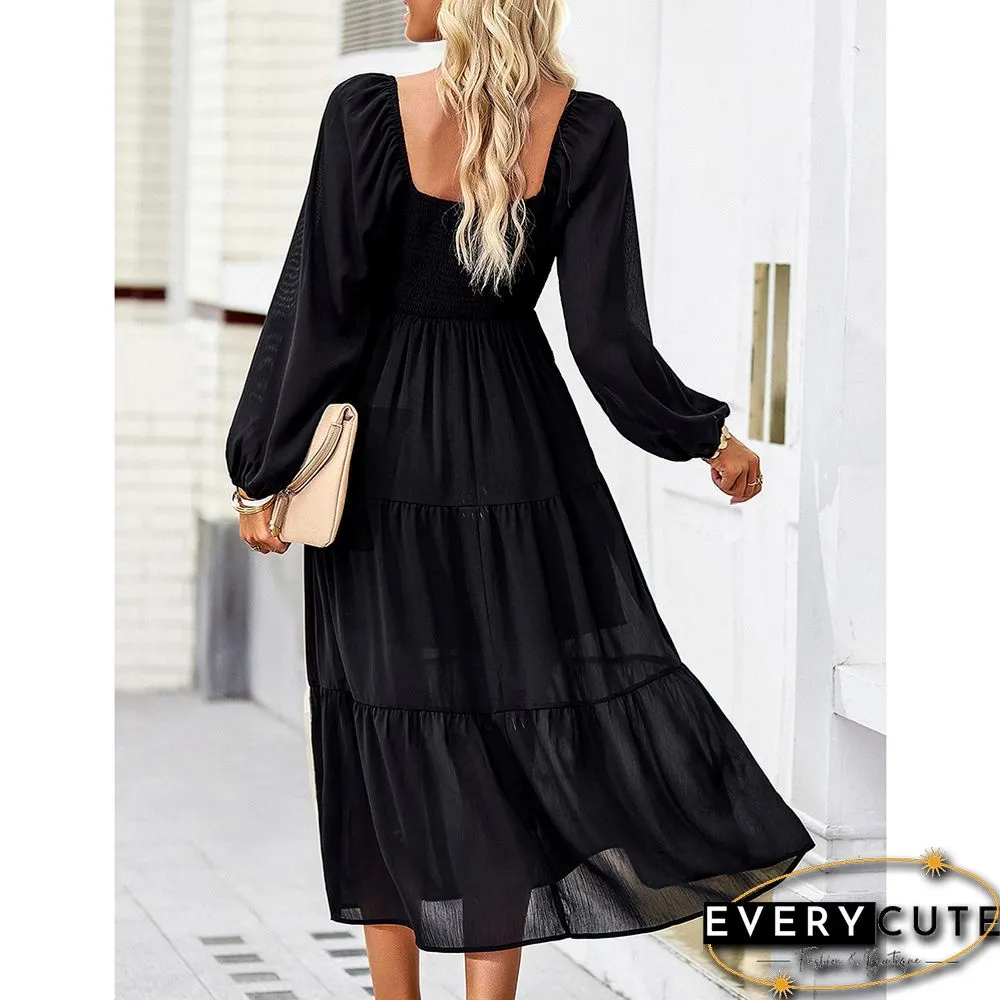 Black Solid Square Neck Pocket Long Sleeve Dress