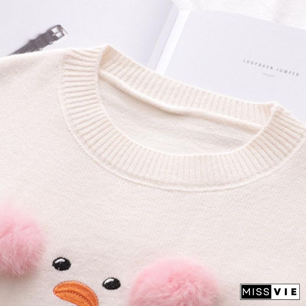 Duck Embroidery Fuzzy Ball Sweater