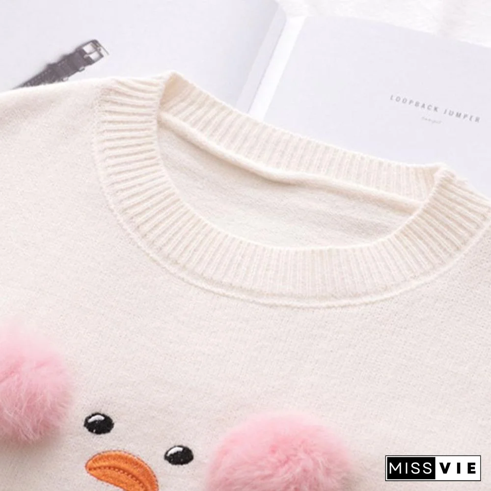 Duck Embroidery Fuzzy Ball Sweater