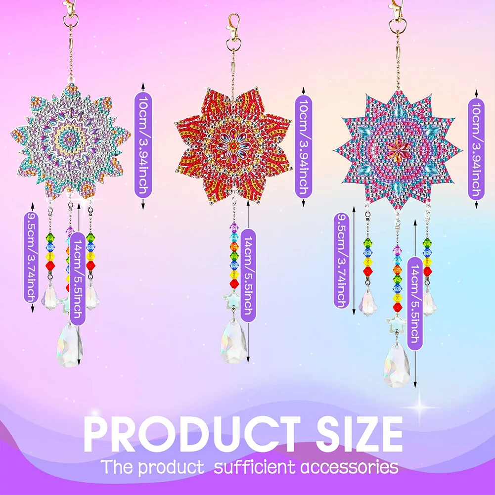 3pcs DIY Mandala Suncatcher Double Sided Diamond Painting Art Pendant