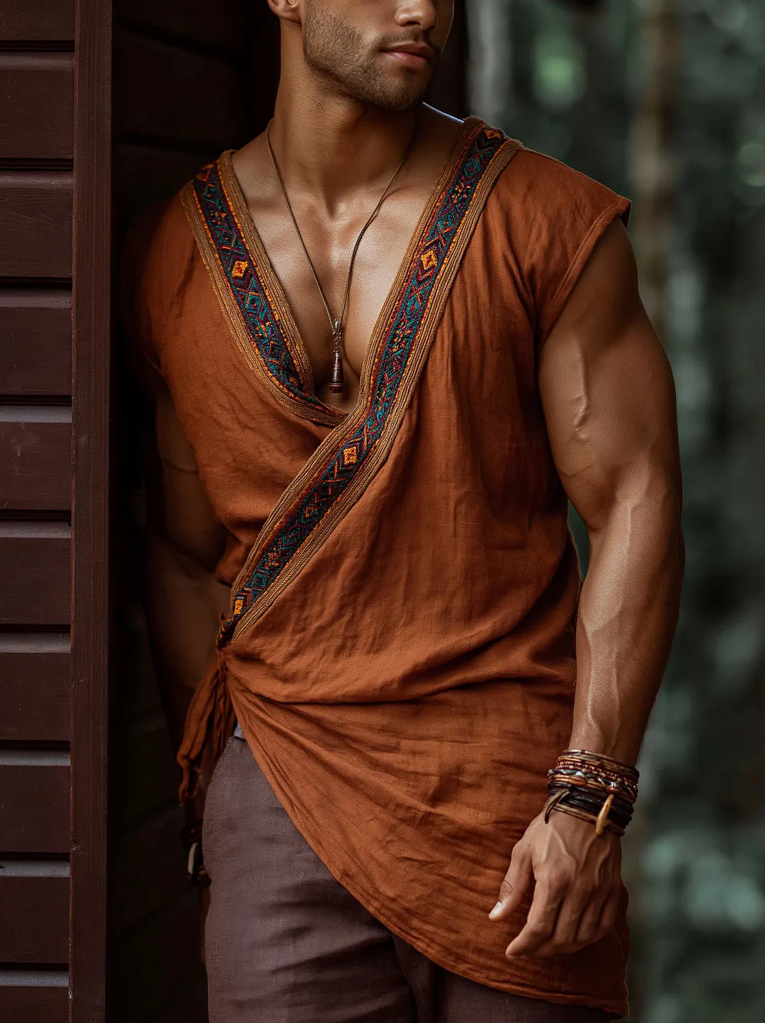 Boho Style Cotton Linen Sleeveless Tunic Top With Embroidered Trim And Side Tie Detail For Men-INSPIREUSE