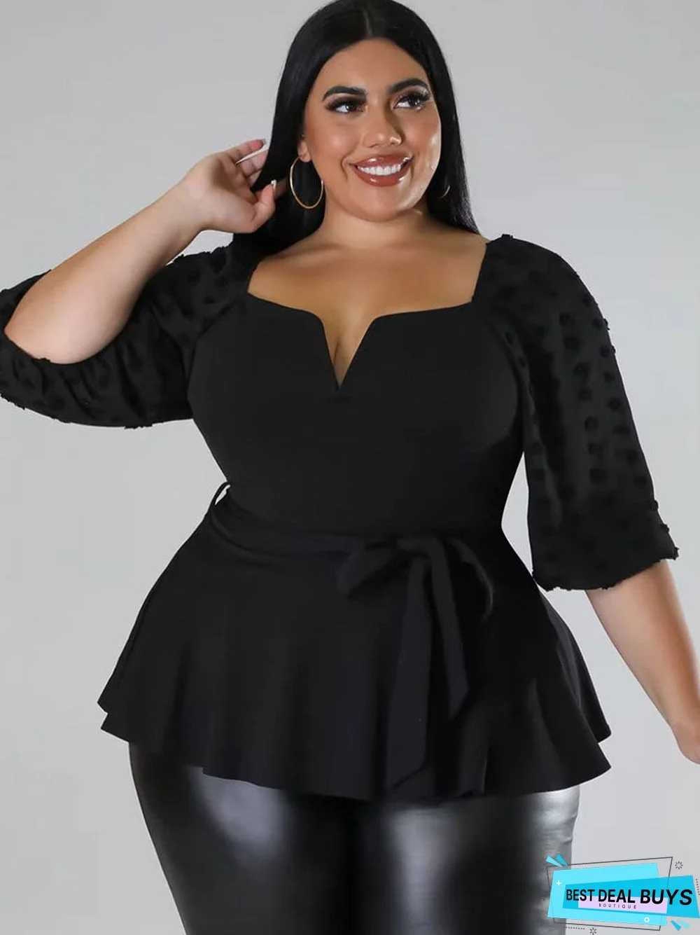 Plus Size Lantern Chiffon Sleeve Peplum Hem Tops