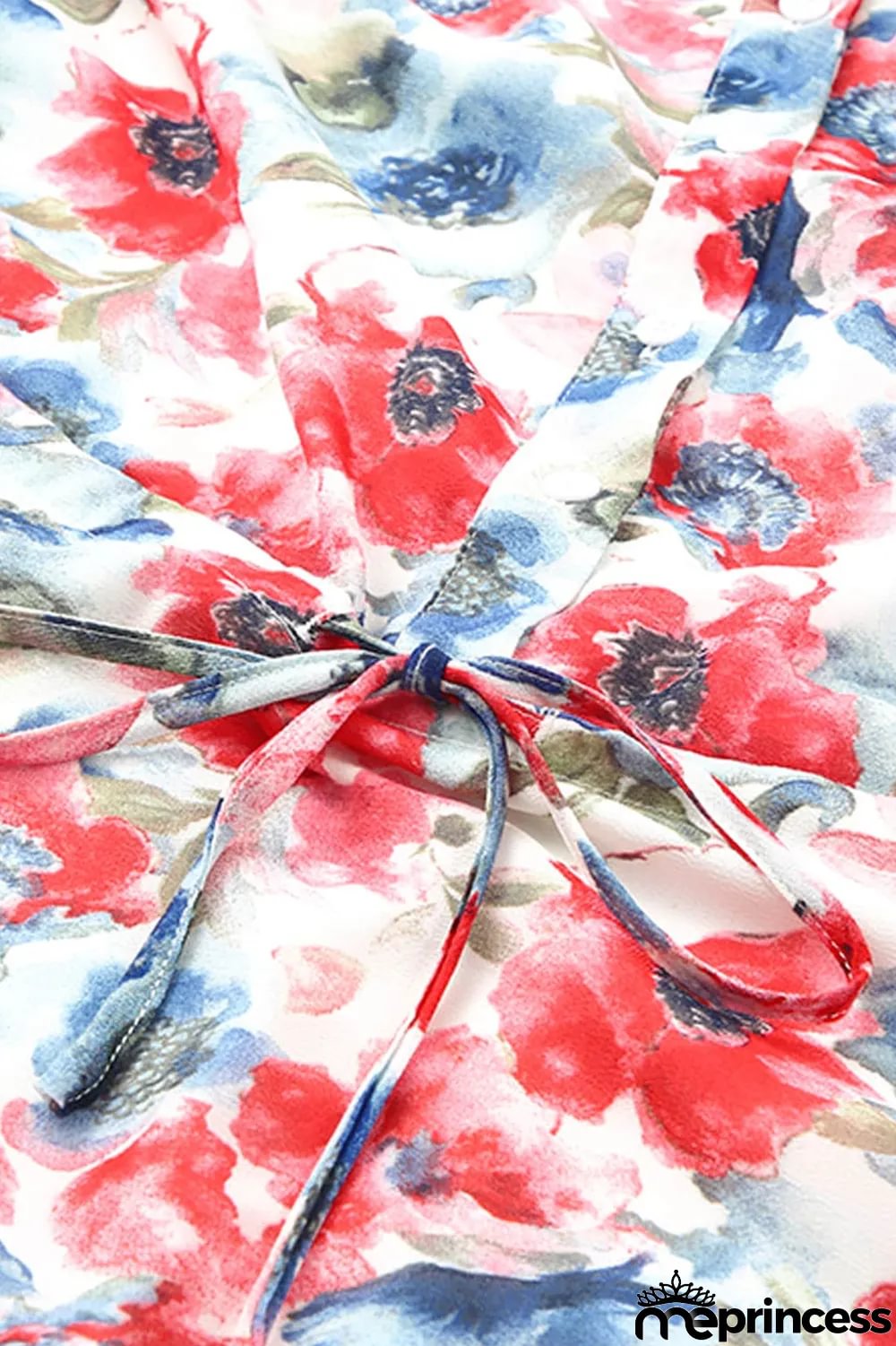 Sky Blue Vintage Floral Print Drawstring Flowy Dress
