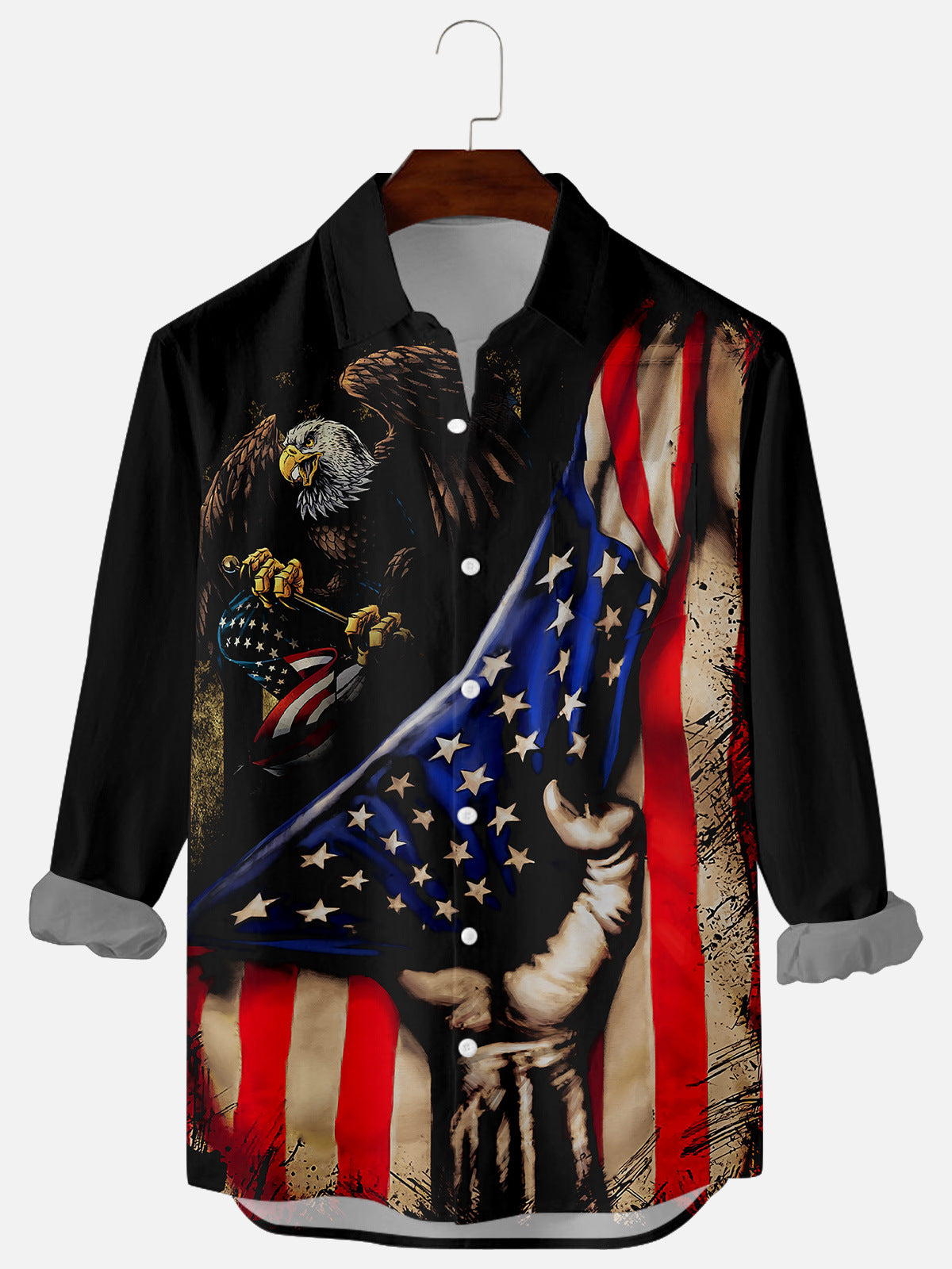 Men's Plus Size Abstract Art Flag Illustration Long Sleeve Shirt With Pockets PLUSCLOTHESMAN