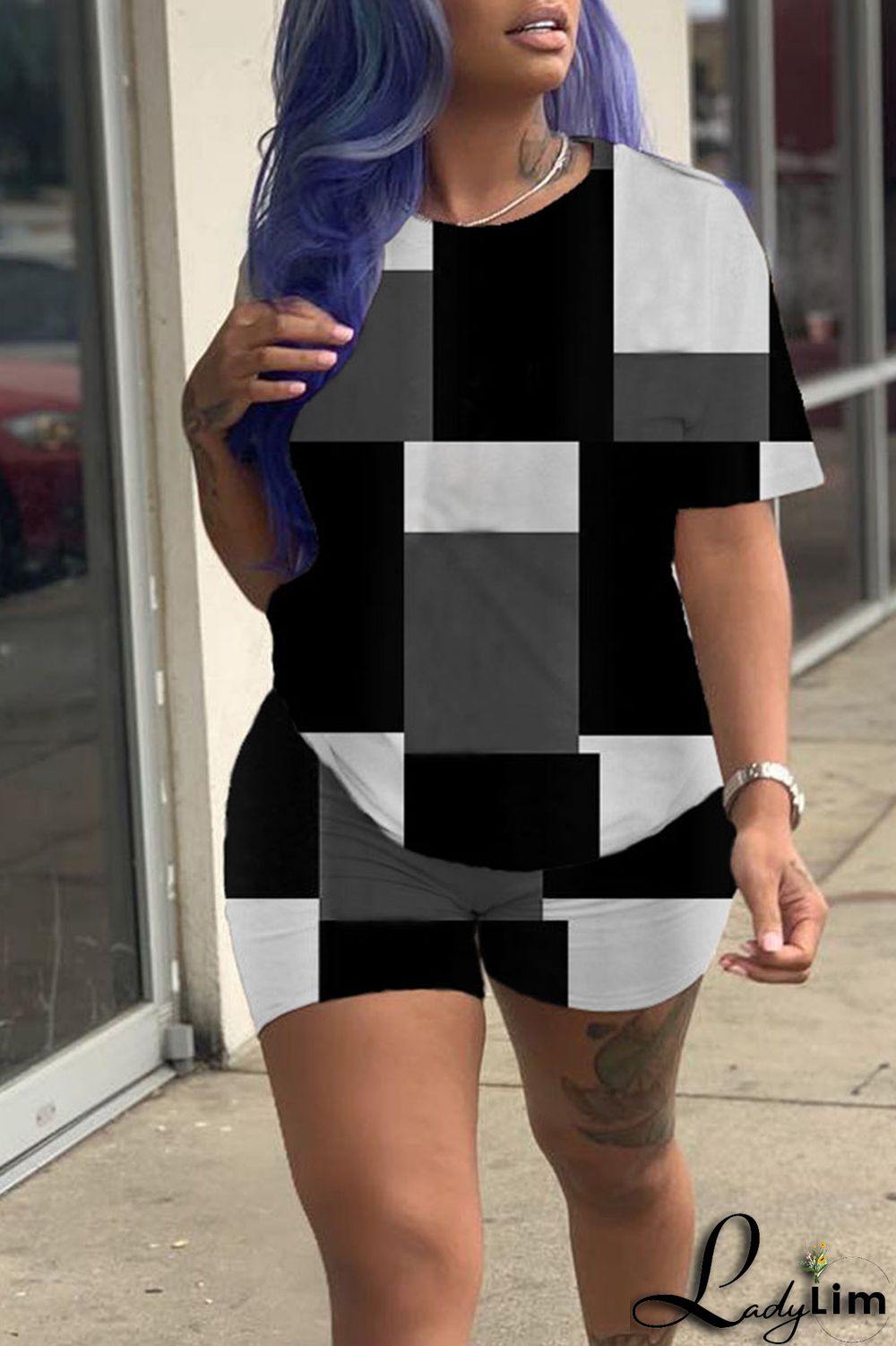 Black Casual Print Patchwork O Neck Short Sleeve Two Pieces