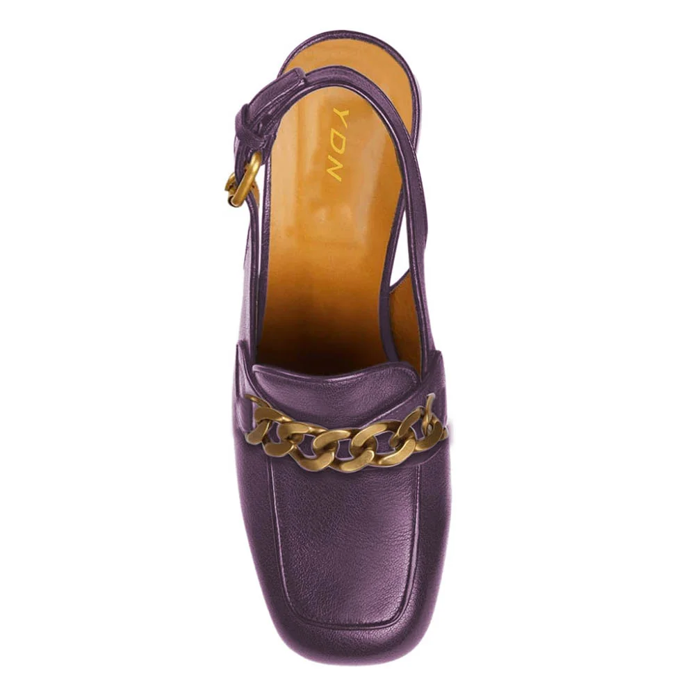 Purple Square Toe Chain Decor Chunky Heeled Loafers with Platform