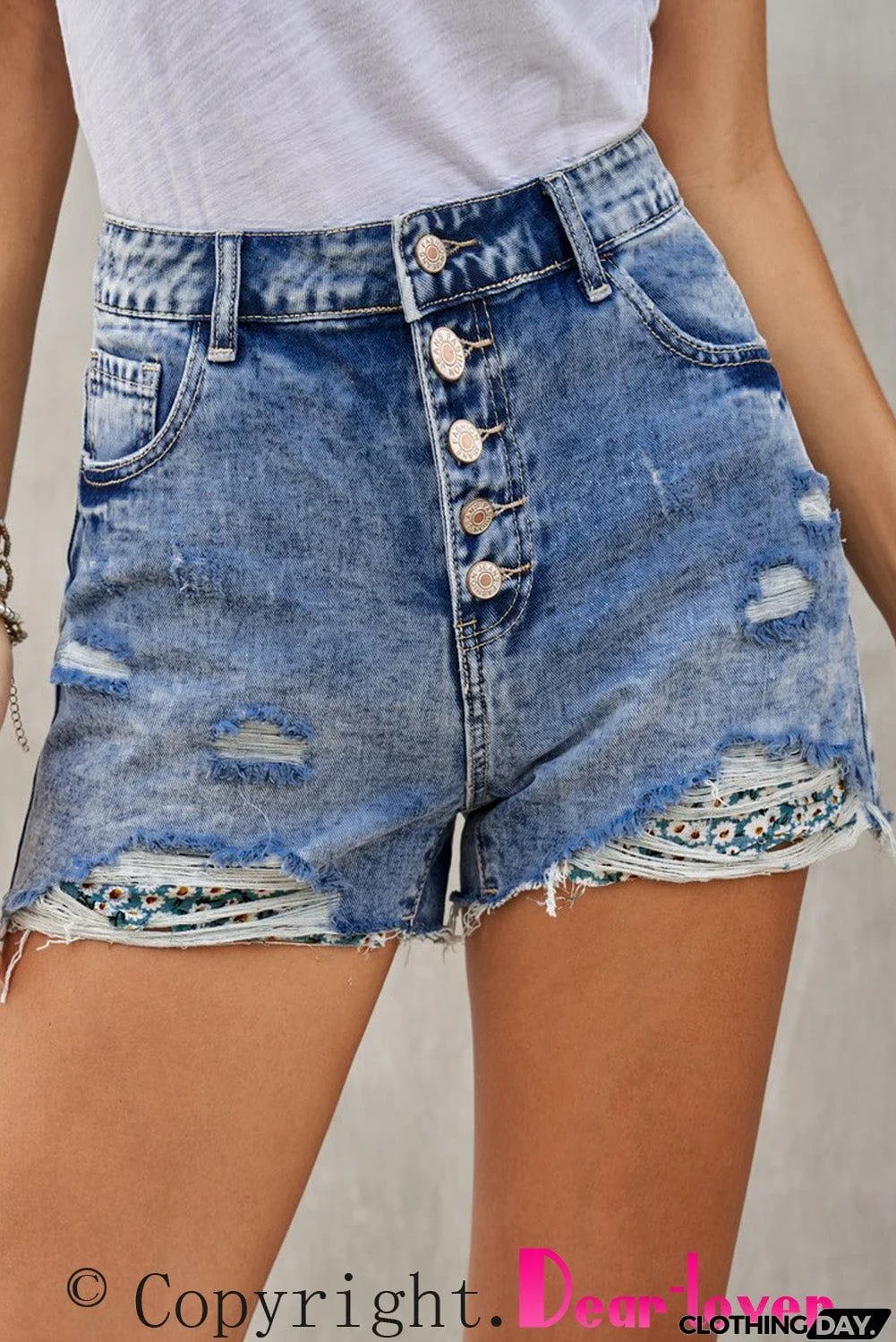 Splicing Button Fly Distressed Denim Shorts