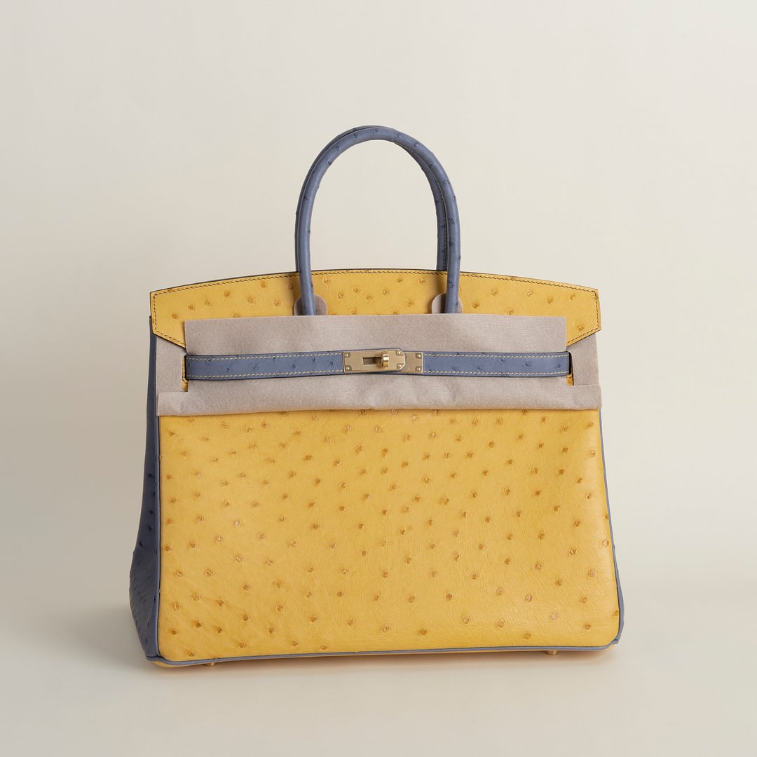 Birkin 35cm Ostrich 9D Jaune amber/82 gris agate GHW