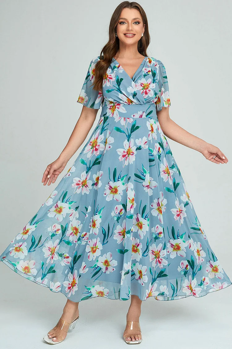 Flycurvy Plus Size Casual Blue Chiffon Floral Print Fold V Neck Tea-Length Dress