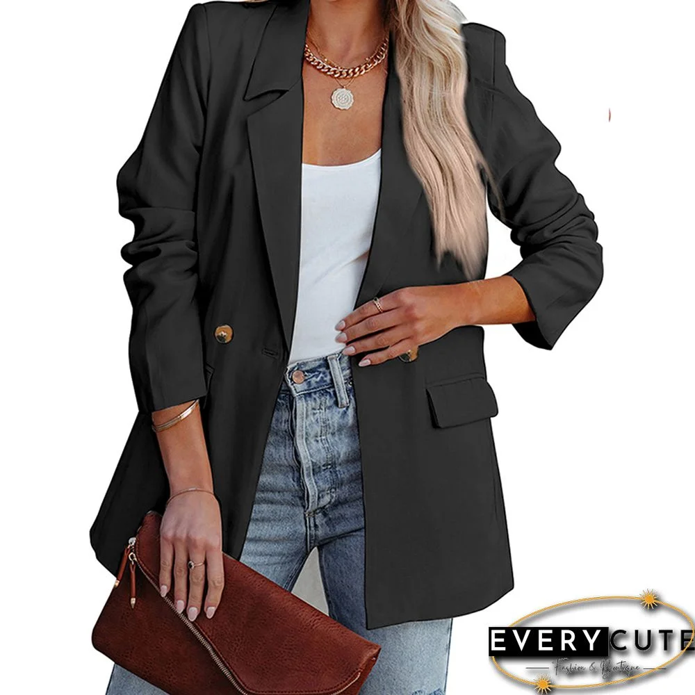 Black Padded Shoulder Lapel Long Sleeve Blazer