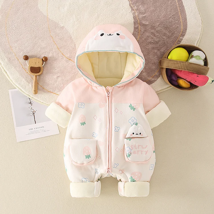 Baby Girl Rabbit Patch Long Sleeve Fluff Hooded Romper