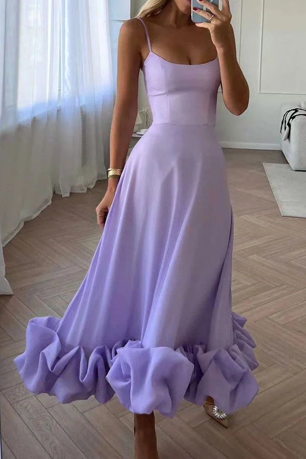 Solid Color Unique Ruffle Hem Midi Dress
