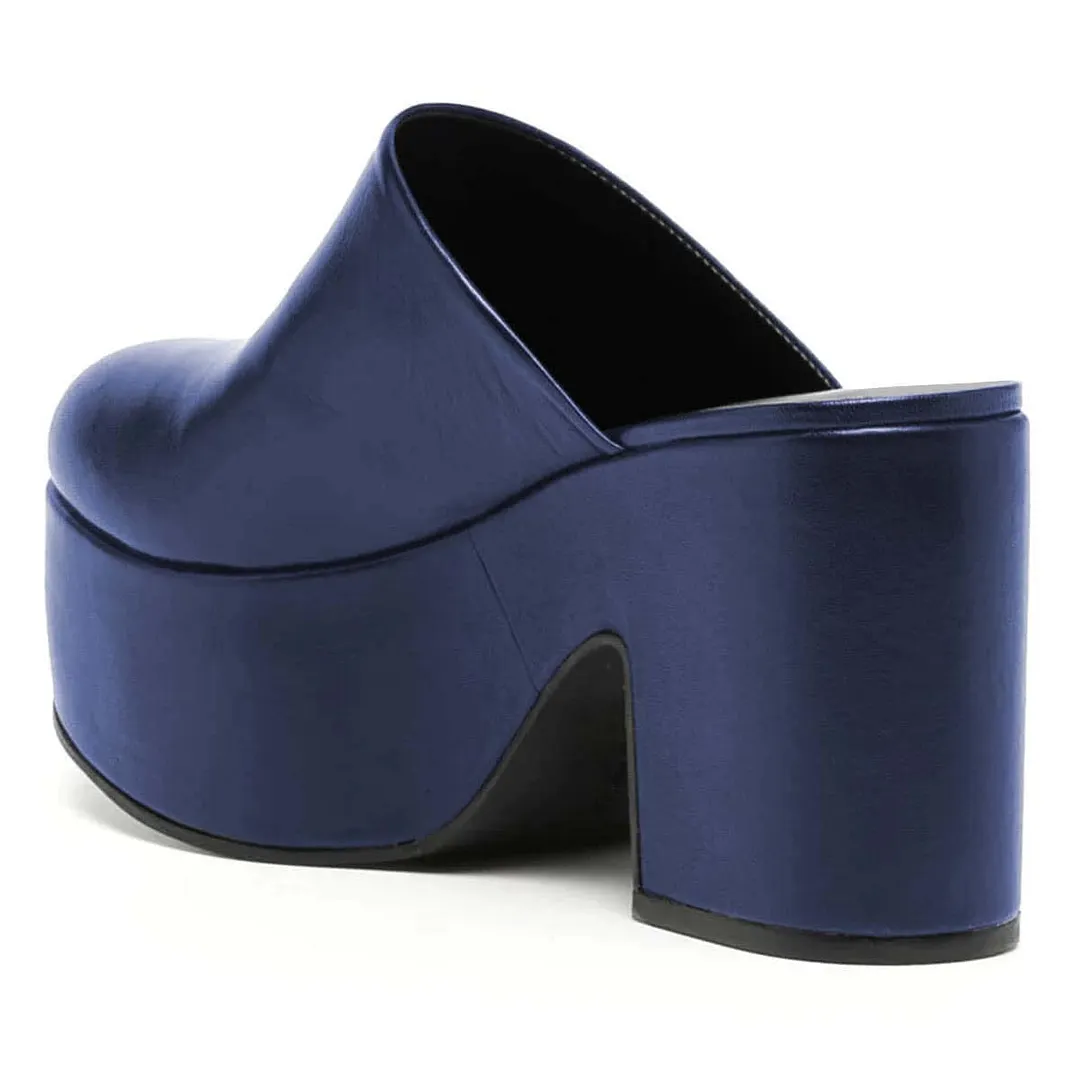 Vegan Leather Block Heel Platform Women's Mules Shoes in Navy