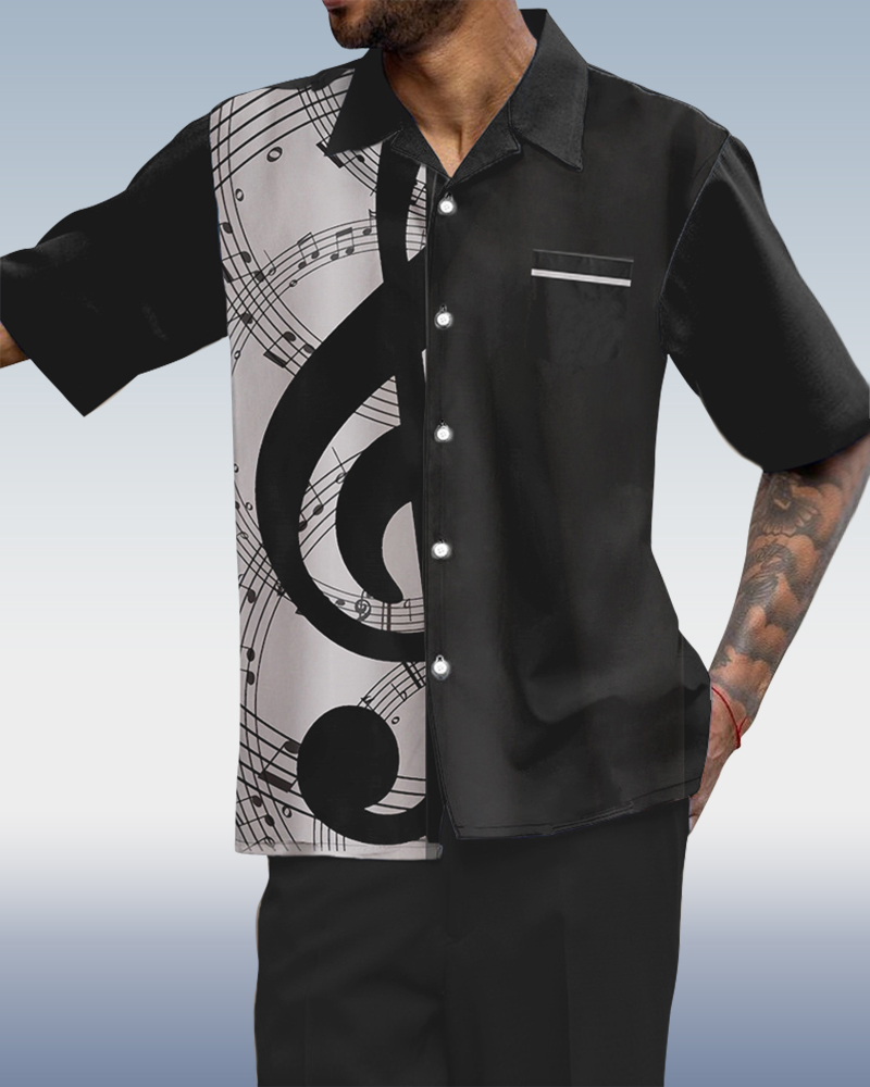 Black Music Print Short Sleeve Walking Suit
