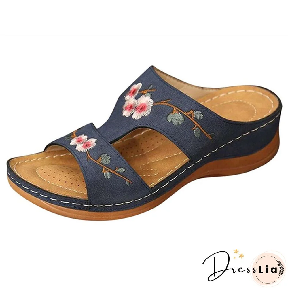 Woman Slippers Vintage Ethnic Flower Platform Flat Shoes Women Comfortable Casual Sandals