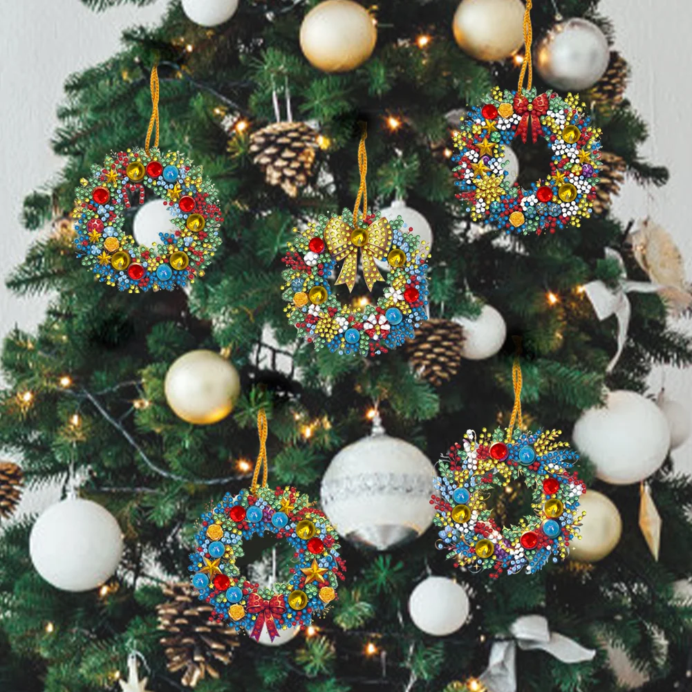 5Pcs DIY Christmas Wreath Acrylic Special Shaped 5D DIY Diamond Art Hanging Decor