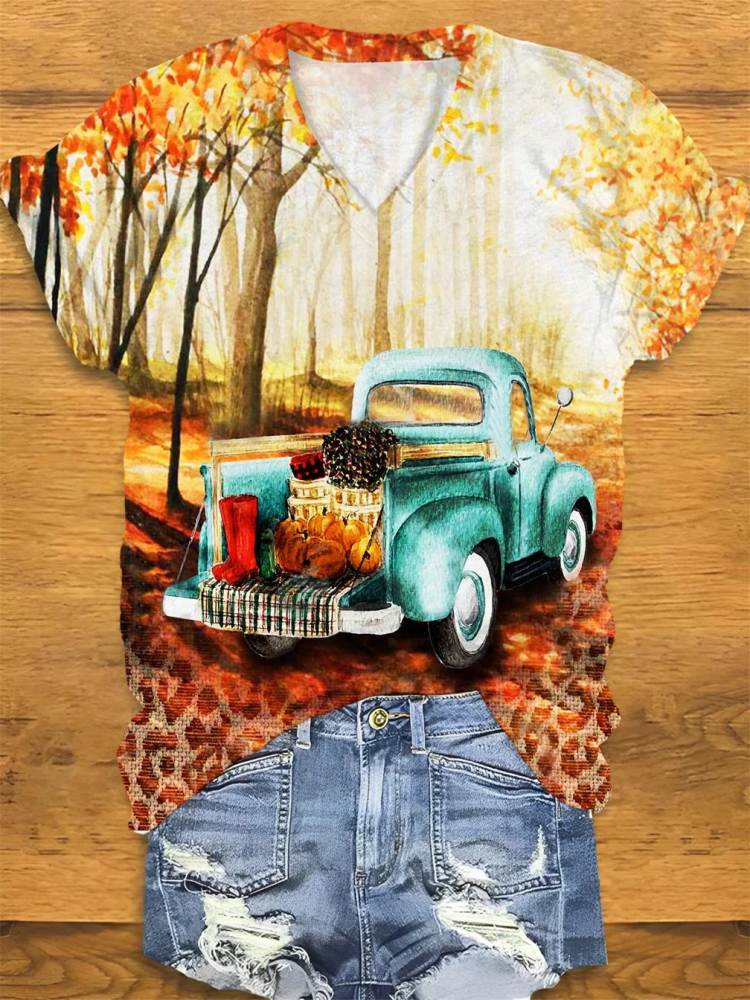 Fall Pumpkin Truck Print T-Shirt