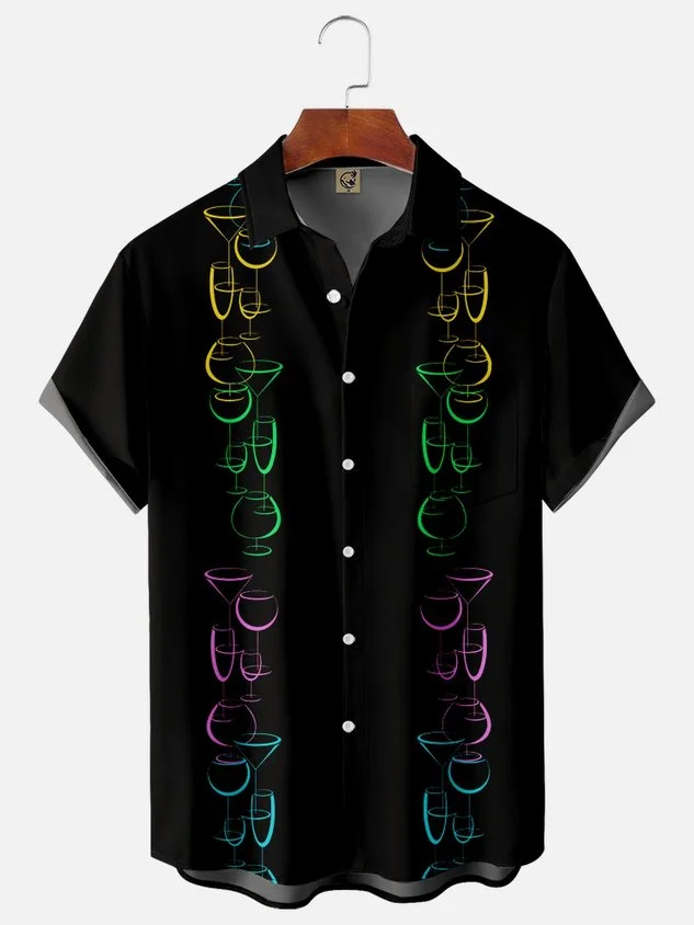 Wine Glass Chest Pocket Short Sleeve Bowling Shirt